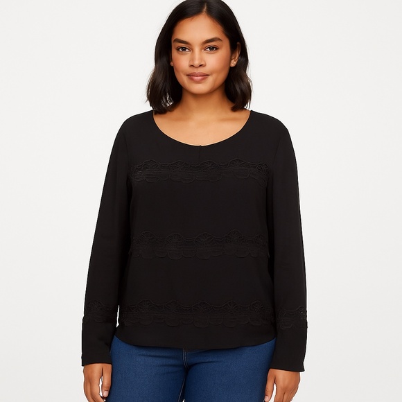MONTEAU Black Lace Inset Long Sleeve Boho Blouse Size Large - Picture 1 of 7